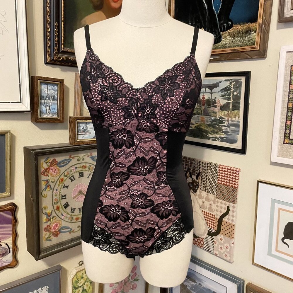Vintage Avon Body Illusions Black & Pink Lace Bodysuit XL
